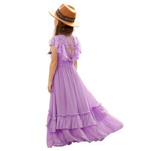 BIBIHOU Girls Lace Dress Ruffle Sleeve Boho Girl Dress, Lavender 6Y